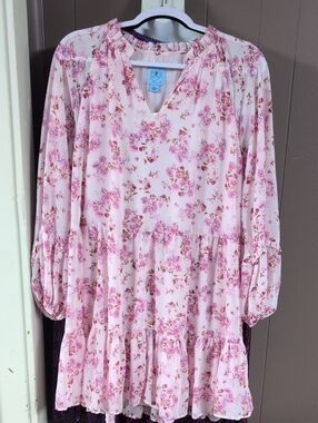 CeCe Pink Floral Tiered Long-Sleeve Dress